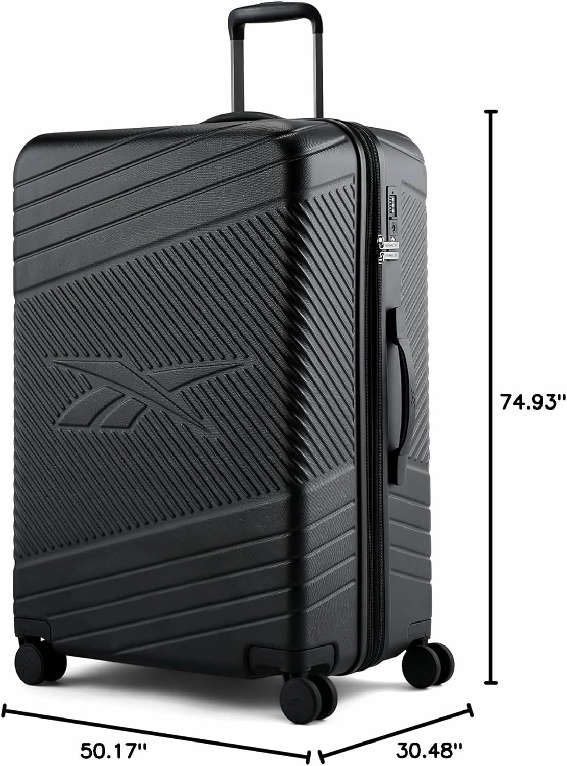 Reebok Go Collection 28 Inch Hard Shell Luggage for Airplanes, Large ABS/PC Hardside Expandable Suitcase with 360-Degree Spinner Wheels, Retractable Handle, Includes Shoe Bag, Black
