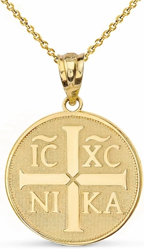 Religious Jewelry 14k Gold Christogram Symbol IC XC NIKA Jesus Christ Conquers Medallion Necklace