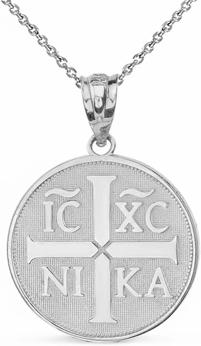 Religious Jewelry 14k White Gold Christogram Symbol IC XC NIKA Jesus Christ Conquers Medallion Necklace