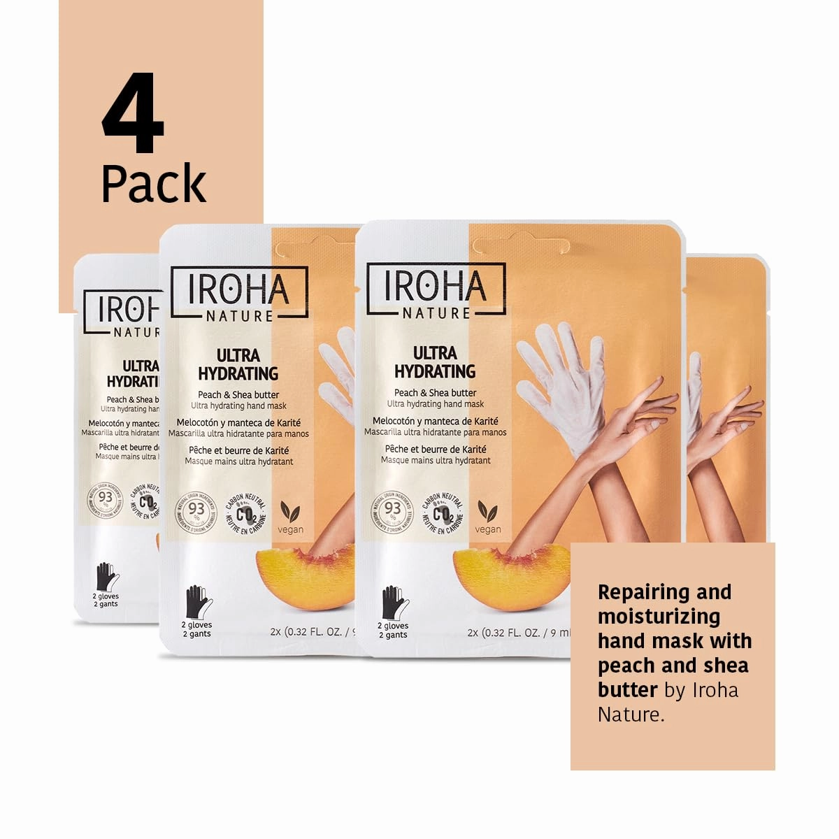 Repairing Hand Mask Gloves | 4 Pairs | Peach & Shea Butter | Hydration & Repair for Damaged & Cracked Hands | Vegan & 93% Natural Ingredients