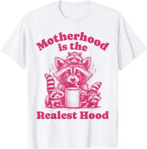 Retro Motherhood Is the Realest Hood Funny Raccoon Design T-Shirt