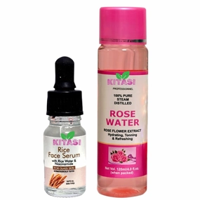 Rice face serum 10 Ml & Rose water 120 ml, Brightens and evens skin tone, skin care combo