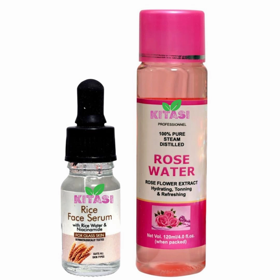 Rice face serum 10 Ml & Rose water 120 ml, Brightens and evens skin tone, skin care combo
