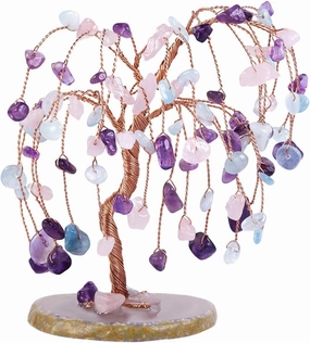 Rockcloud Amethyst & Rose Quartz & Aquamarine Crystal Tree for Home Office Decor, Natural Agate Slice Geode Base Bonsai Fortune Money Tree for Wealth and Luck