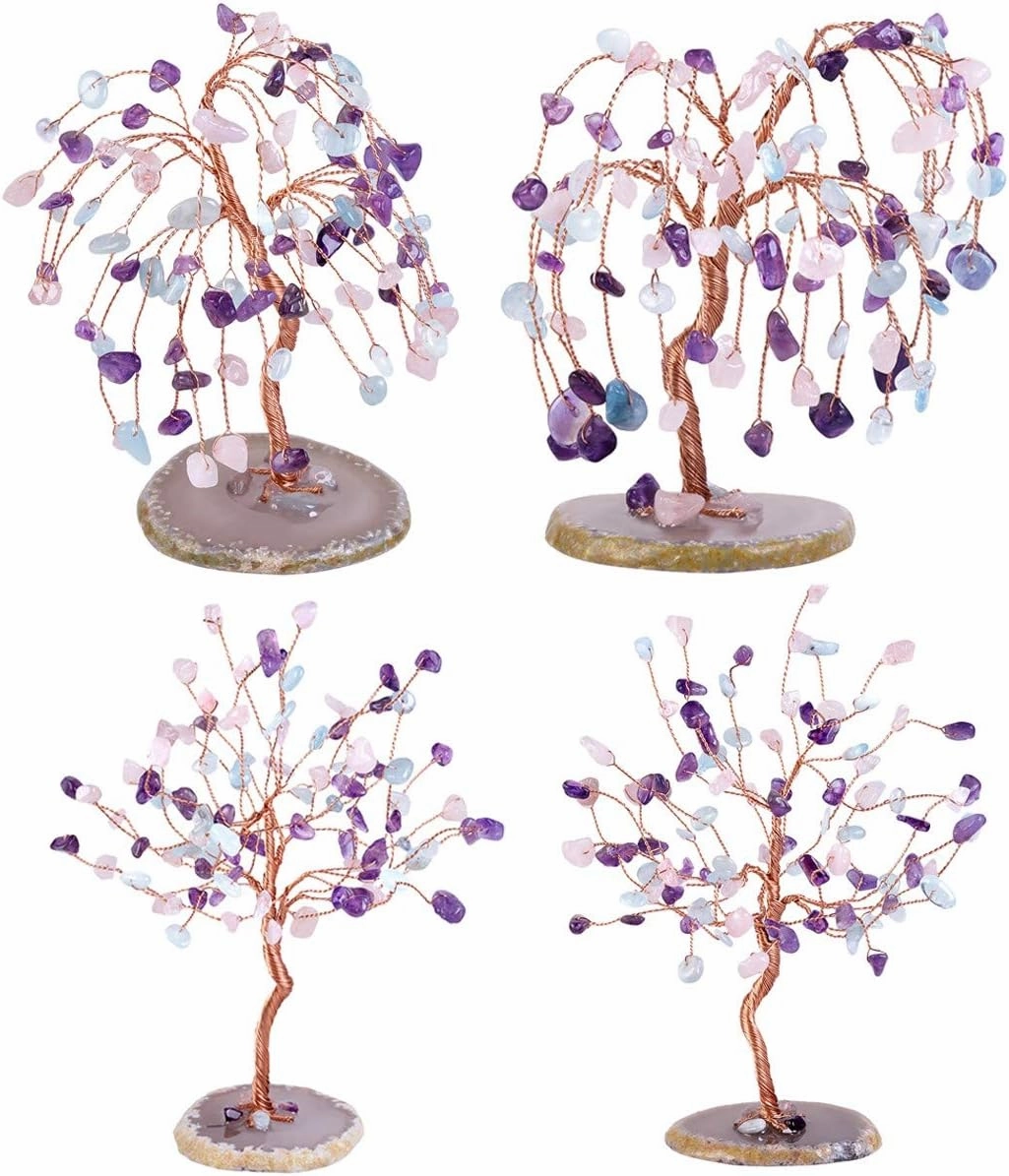 Rockcloud Amethyst & Rose Quartz & Aquamarine Crystal Tree for Home Office Decor, Natural Agate Slice Geode Base Bonsai Fortune Money Tree for Wealth and Luck