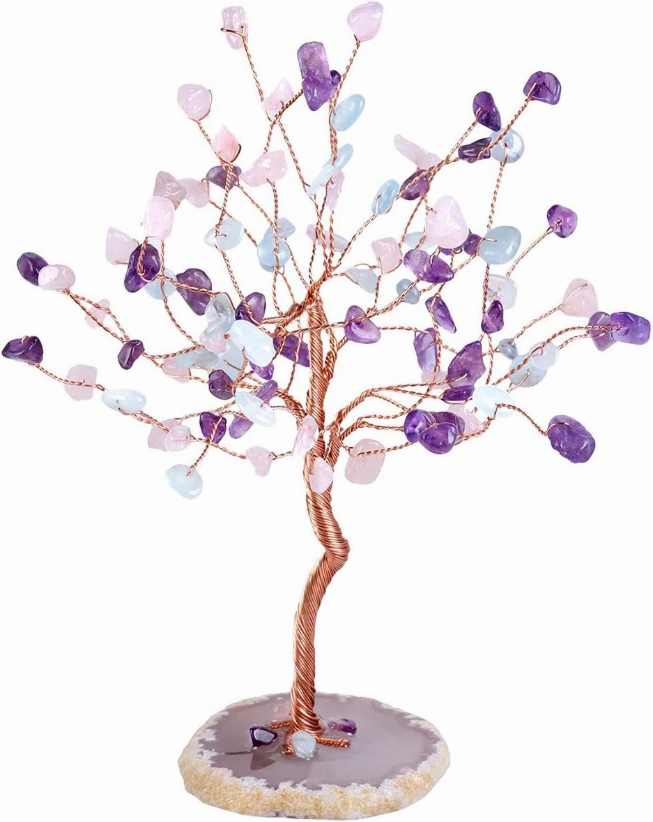 Rockcloud Amethyst & Rose Quartz & Aquamarine Crystal Tree for Home Office Decor, Natural Agate Slice Geode Base Bonsai Fortune Money Tree for Wealth and Luck
