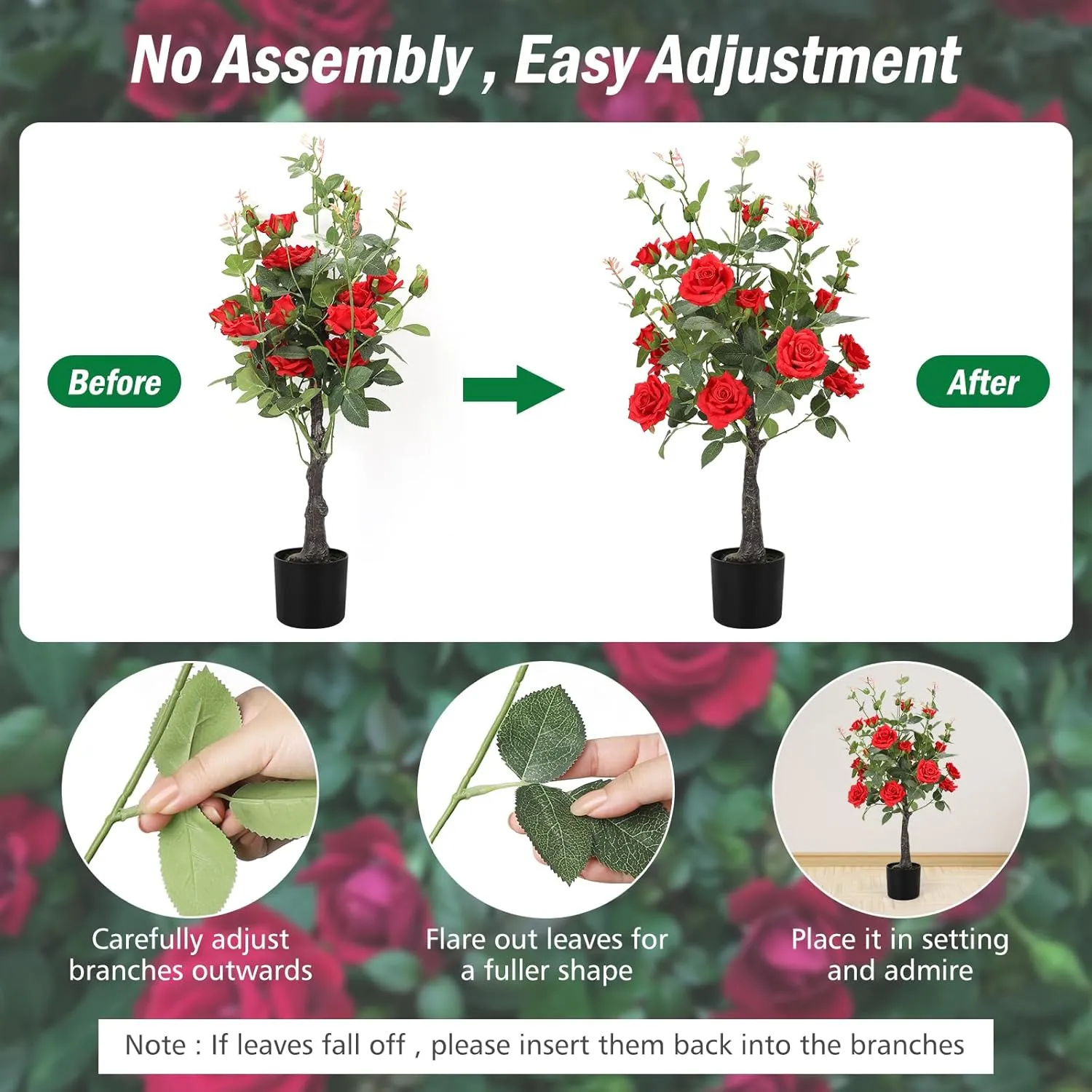 Romantic season 2Pack Artificial Rose Flower Trees, 42Inch Red Faux Rose Tree with Green Leaves for Living Room Office Home Outdoor Indoor Decor