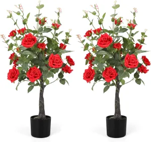 Romantic season 2Pack Artificial Rose Flower Trees, 42Inch Red Faux Rose Tree with Green Leaves for Living Room Office Home Outdoor Indoor Decor