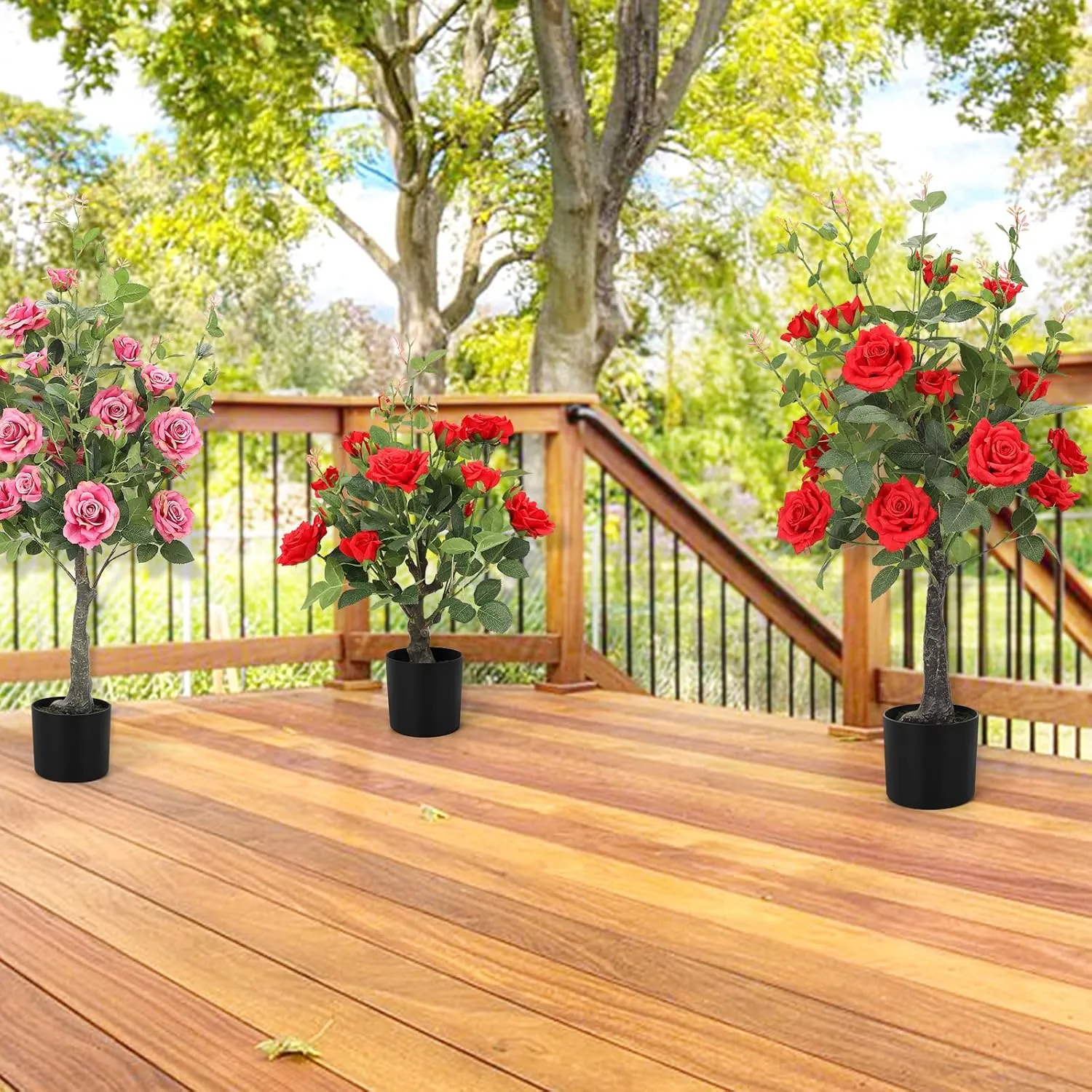 Romantic season 2Pack Artificial Rose Flower Trees, 42Inch Red Faux Rose Tree with Green Leaves for Living Room Office Home Outdoor Indoor Decor