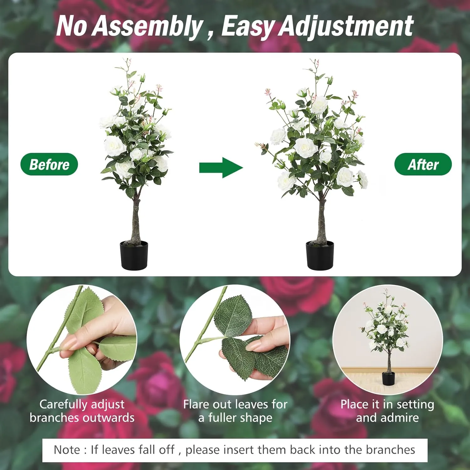 Romantic season 2Pack Artificial Rose Flower Trees, 42Inch White Faux Rose Tree with Green Leaves for Living Room Office Home Outdoor Indoor Decor
