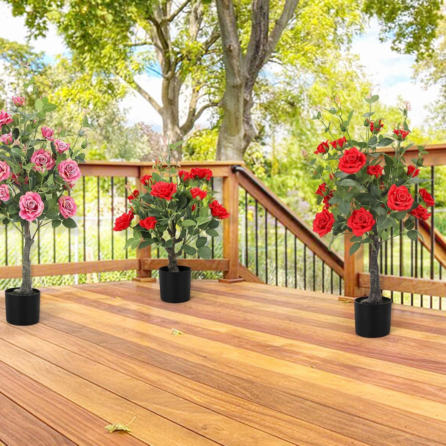 Romantic season 2Pack Artificial Rose Flower Trees, 24Inch Red Faux Rose Tree with Green Leaves for Living Room Office Home Outdoor Indoor Decor