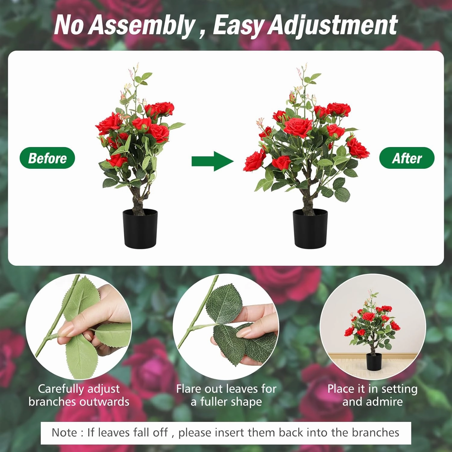 Romantic season 2Pack Artificial Rose Flower Trees, 24Inch Red Faux Rose Tree with Green Leaves for Living Room Office Home Outdoor Indoor Decor