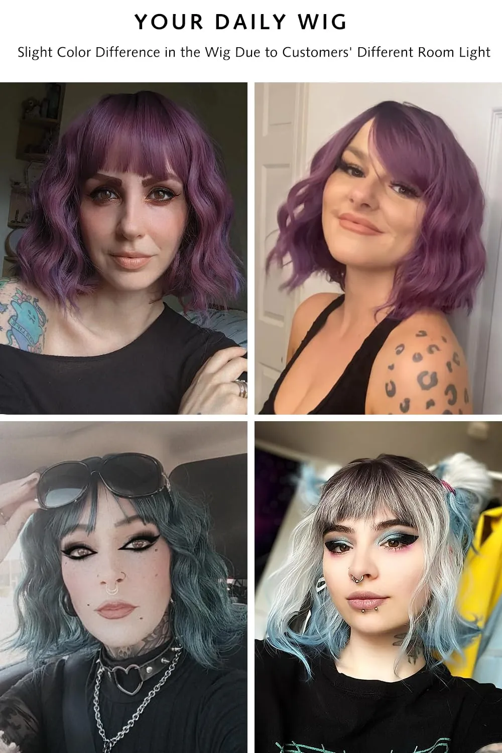 Rose bud Wavy Bob Wig with Bangs Natural Light Purple to Rose Wig Synthetic Hair Shoulder Length Short Curly Wigs for Women