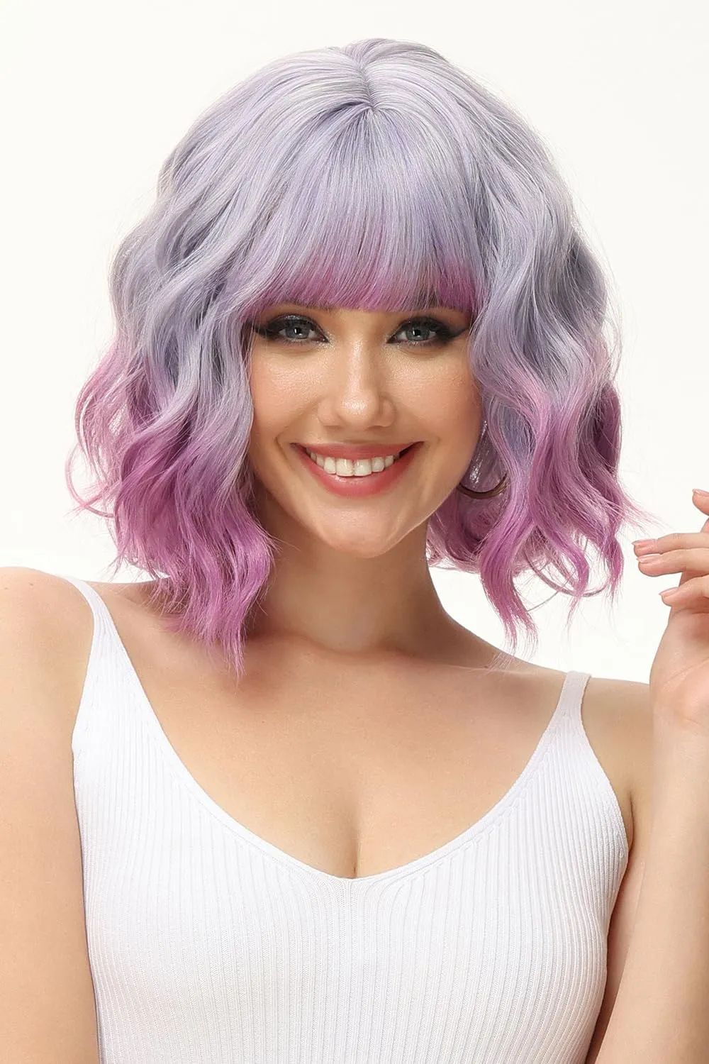 Rose bud Wavy Bob Wig with Bangs Natural Light Purple to Rose Wig Synthetic Hair Shoulder Length Short Curly Wigs for Women