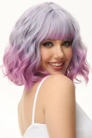 Rose bud Wavy Bob Wig with Bangs Natural Light Purple to Rose Wig Synthetic Hair Shoulder Length Short Curly Wigs for Women