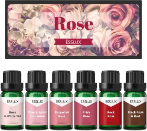 Rose Fragrance Oil, ESSLUX Premium Floral Scented Oils for Diffuser, Soap Candle Making Scents, Rose Essential Oils Gift Set for Home Fragrance - Bulgarian Rose, Black Rose & Oud, Rock Rose and More