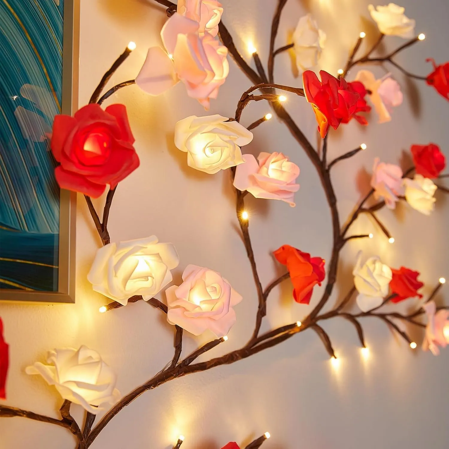 Rose LED Tree Branch Lights for Wall, Rose Flower Willow Vine Twig Decor Garland with 72 LED Lights and Remote,8 Lighting Modes,Christmas Decorations Indoor for Home Wall Door Window (63inch)