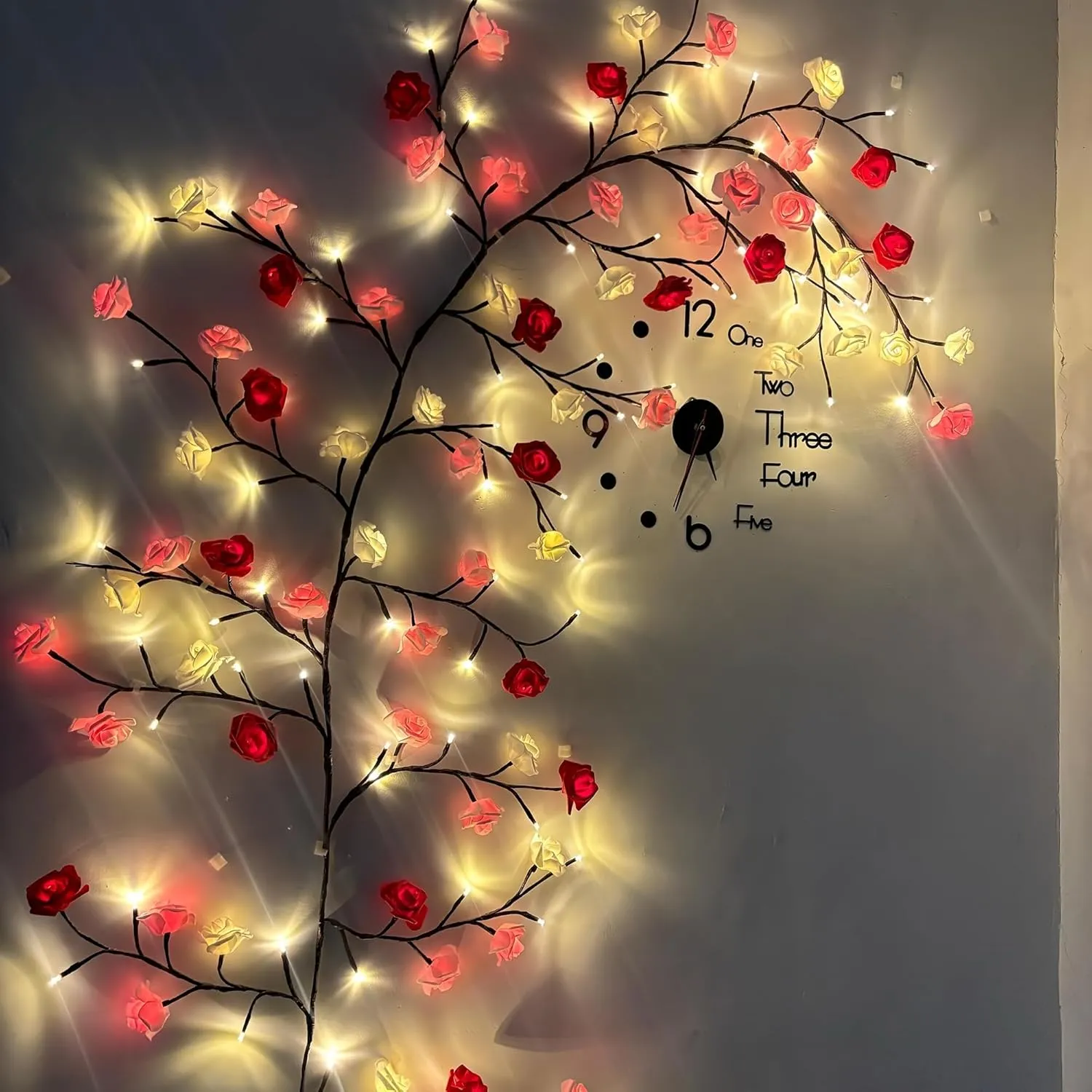 Rose LED Tree Branch Lights for Wall,Rose Blossom Willow Vine Branch Room Decor Gift,Flexible DIY Design,with 144 LED Lights and Remote,8 Lighting Modes,for Bedroom and Wall Decor (90inch)