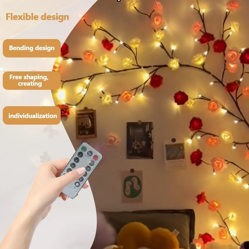 Rose LED Tree Branch Lights for Wall,Rose Blossom Willow Vine Branch Room Decor Gift,Flexible DIY Design,with 144 LED Lights and Remote,8 Lighting Modes,for Bedroom and Wall Decor (90inch)