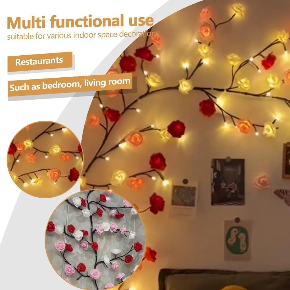 Rose LED Tree Branch Lights for Wall,Rose Blossom Willow Vine Branch Room Decor Gift,Flexible DIY Design,with 144 LED Lights and Remote,8 Lighting Modes,for Bedroom and Wall Decor (90inch)