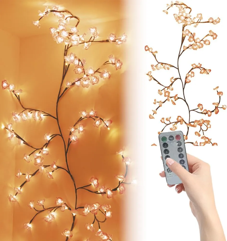 Rose LED Tree Branch Lights for Wall,Rose Blossom Willow Vine Branch Room Decor Gift,Flexible DIY Design,with 144 LED Lights and Remote,8 Lighting Modes,for Bedroom and Wall Decor (90inch)