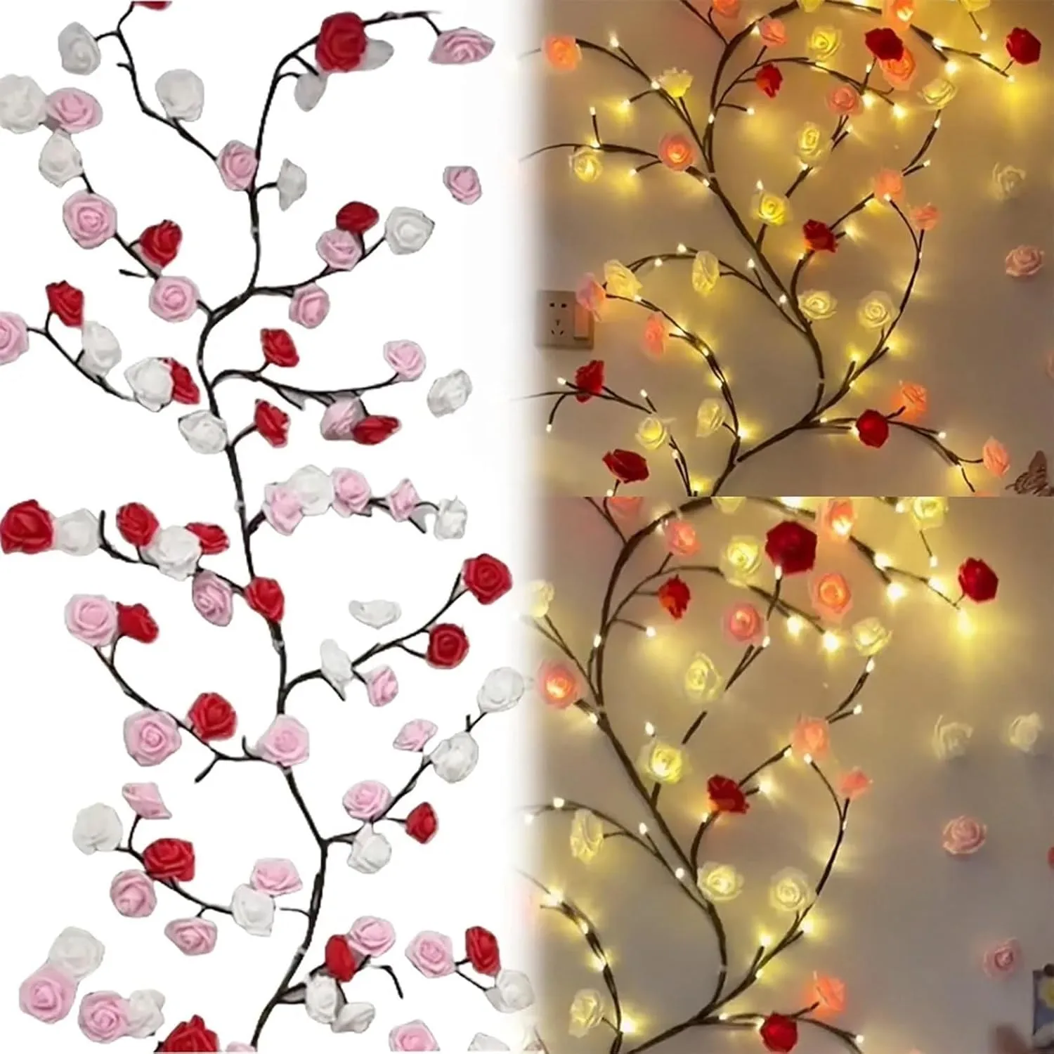 Rose LED Tree Branch Lights for Wall,Rose Blossom Willow Vine Branch Room Decor Gift,Flexible DIY Design,with 144 LED Lights and Remote,8 Lighting Modes,for Bedroom and Wall Decor (90inch)