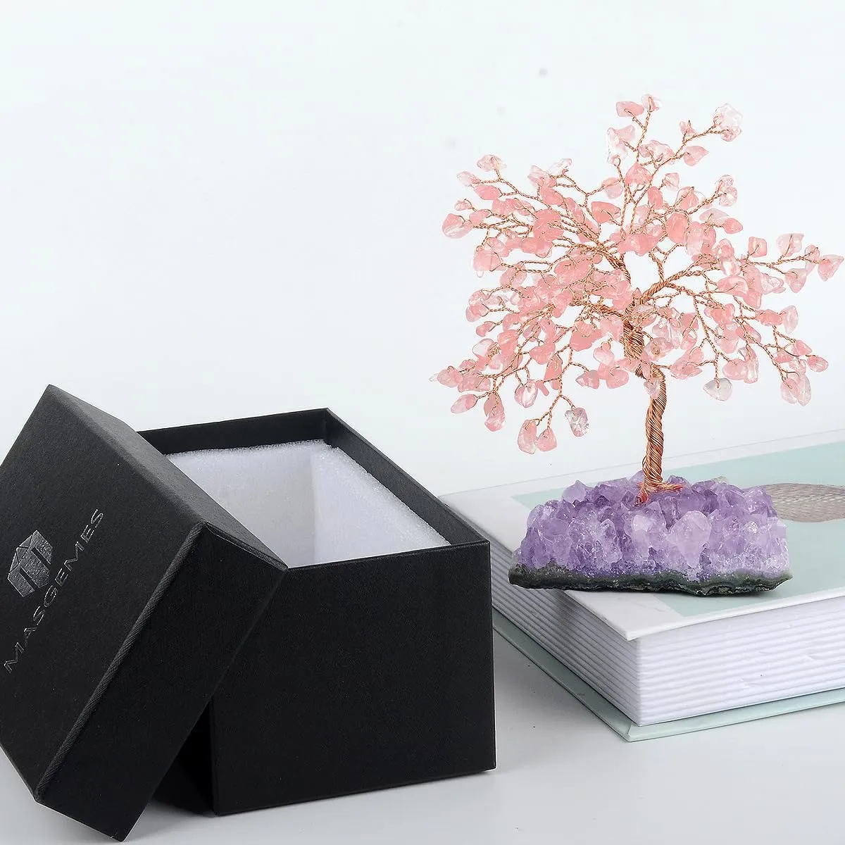 Rose Quartz Crystal Tree of Life with Amethyst Cluster Base, Feng Shui Decor Money Tree, Healing Crystal Positive Energy Gift, 5.5-6.3 Inches