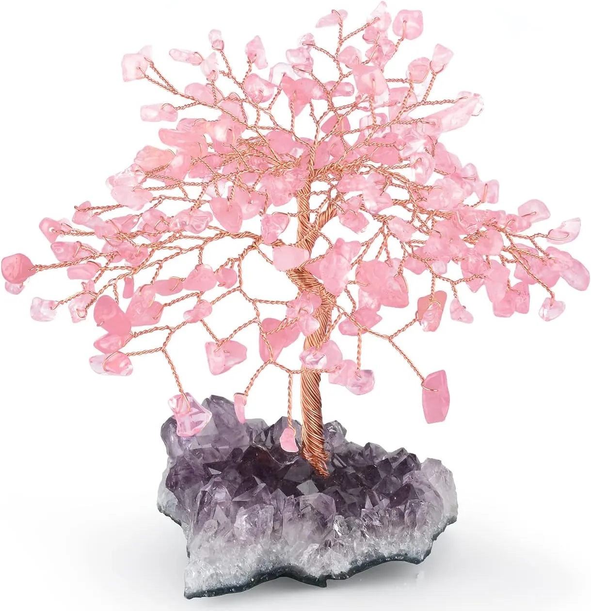 Rose Quartz Crystal Tree of Life with Amethyst Cluster Base, Feng Shui Decor Money Tree, Healing Crystal Positive Energy Gift, 5.5-6.3 Inches