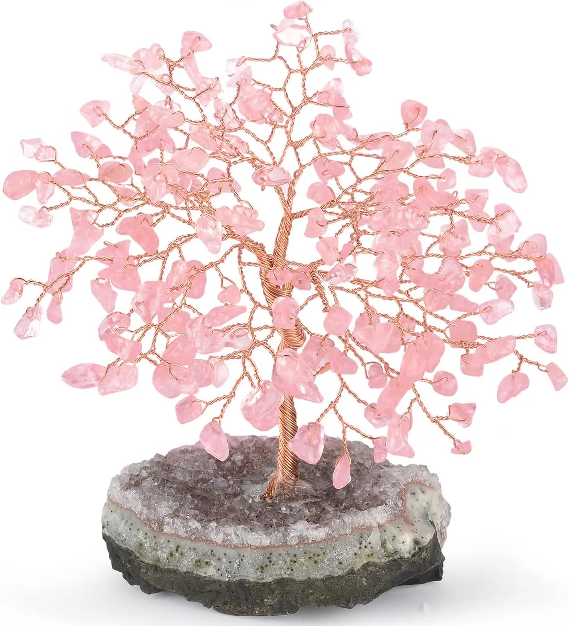 Rose Quartz Crystal Tree of Life with Amethyst Cluster Base, Feng Shui Decor Money Tree, Healing Crystal Positive Energy Gift, 5.5-6.3 Inches