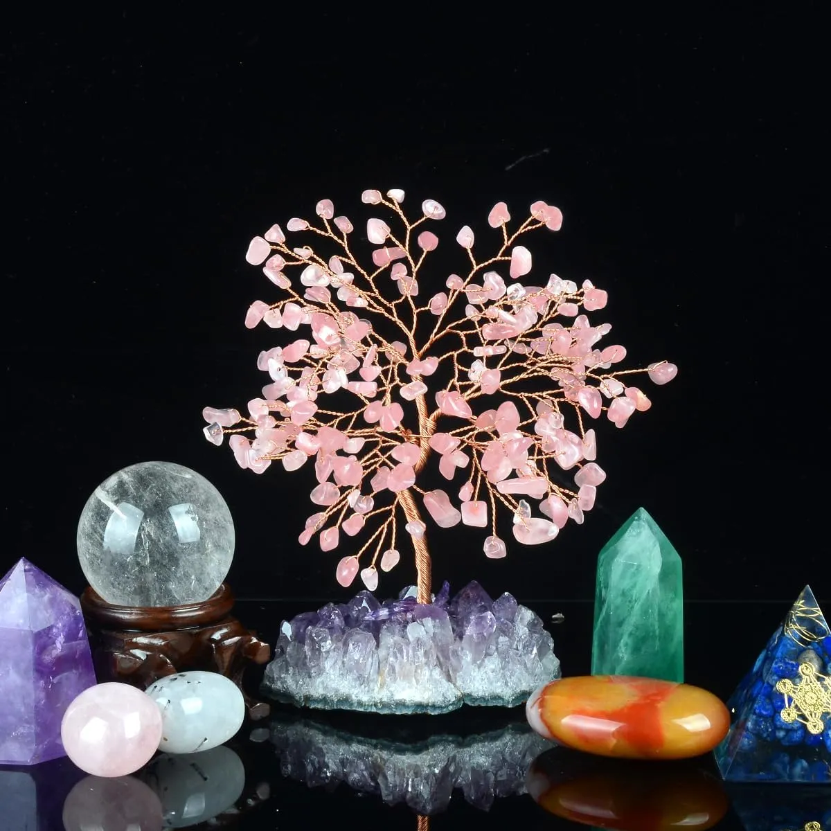 Rose Quartz Crystal Tree of Life with Amethyst Cluster Base, Feng Shui Decor Money Tree, Healing Crystal Positive Energy Gift, 5.5-6.3 Inches