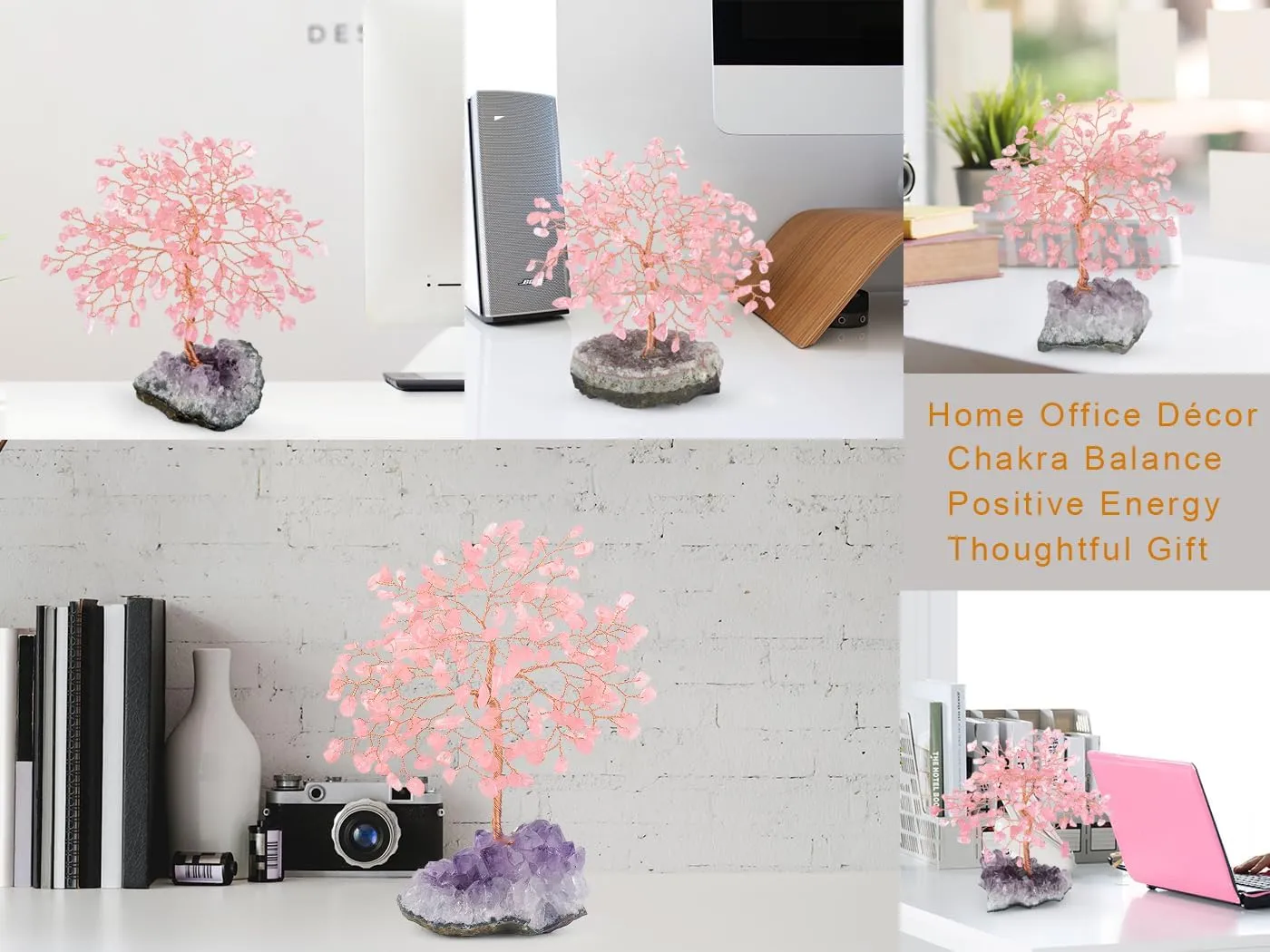 Rose Quartz Crystal Tree of Life with Amethyst Cluster Base, Feng Shui Decor Money Tree, Healing Crystal Positive Energy Gift, 5.5-6.3 Inches