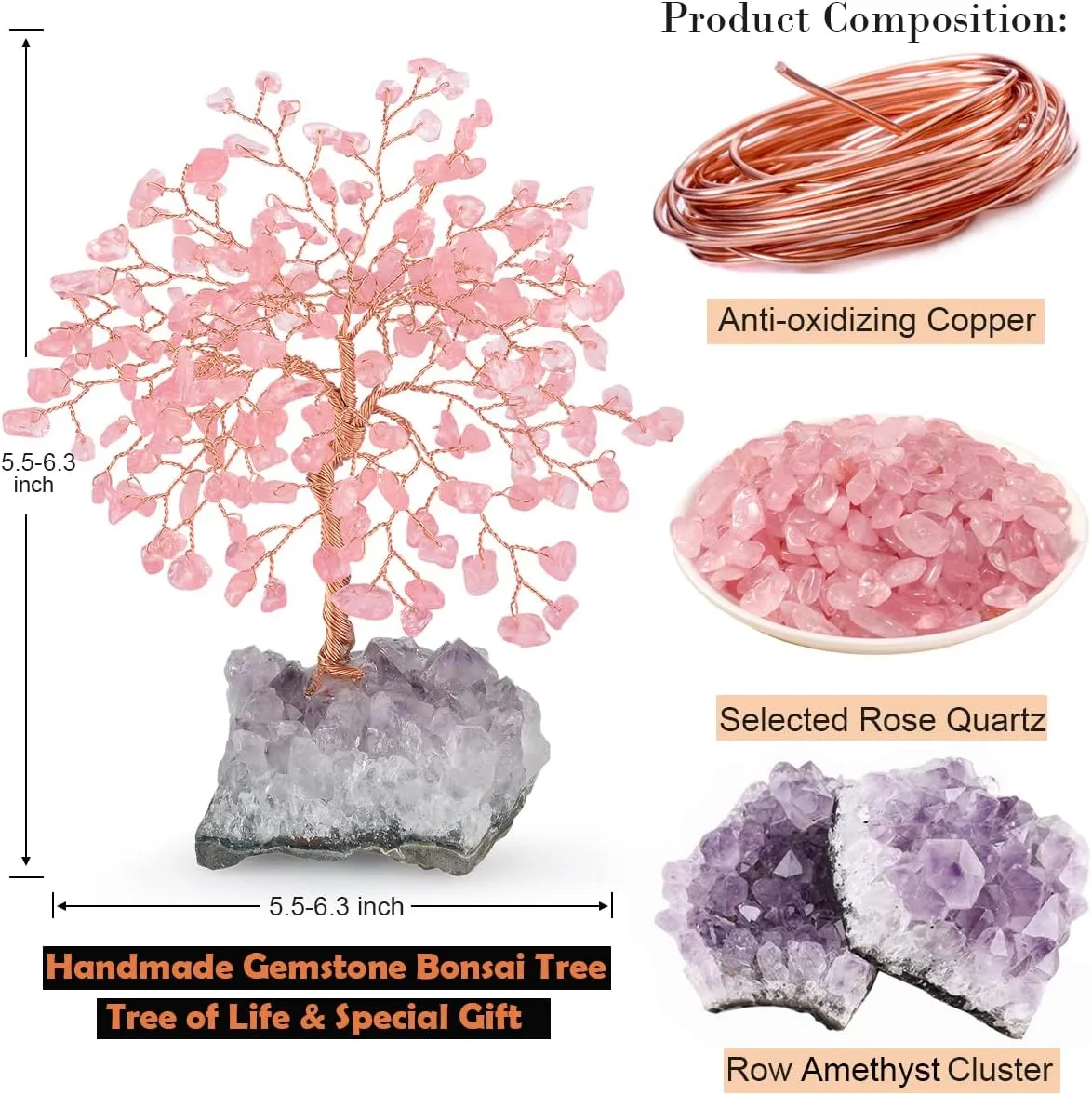 Rose Quartz Crystal Tree of Life with Amethyst Cluster Base, Feng Shui Decor Money Tree, Healing Crystal Positive Energy Gift, 5.5-6.3 Inches