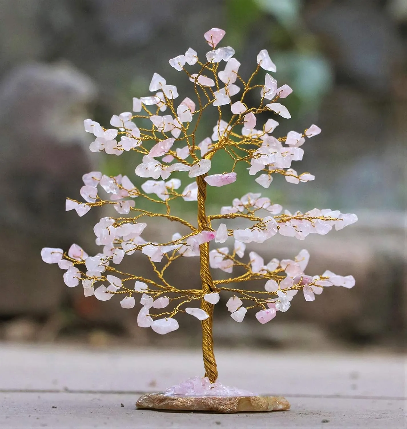 Rose Quartz Gemstone Tree of Life - Geode Agate Slice Base, Crystal for Positive Energy, Handmade Chakra, Feng Shui Decor - Good Luck Money Bonsai, Healing Stones Gem, Spiritual Gift