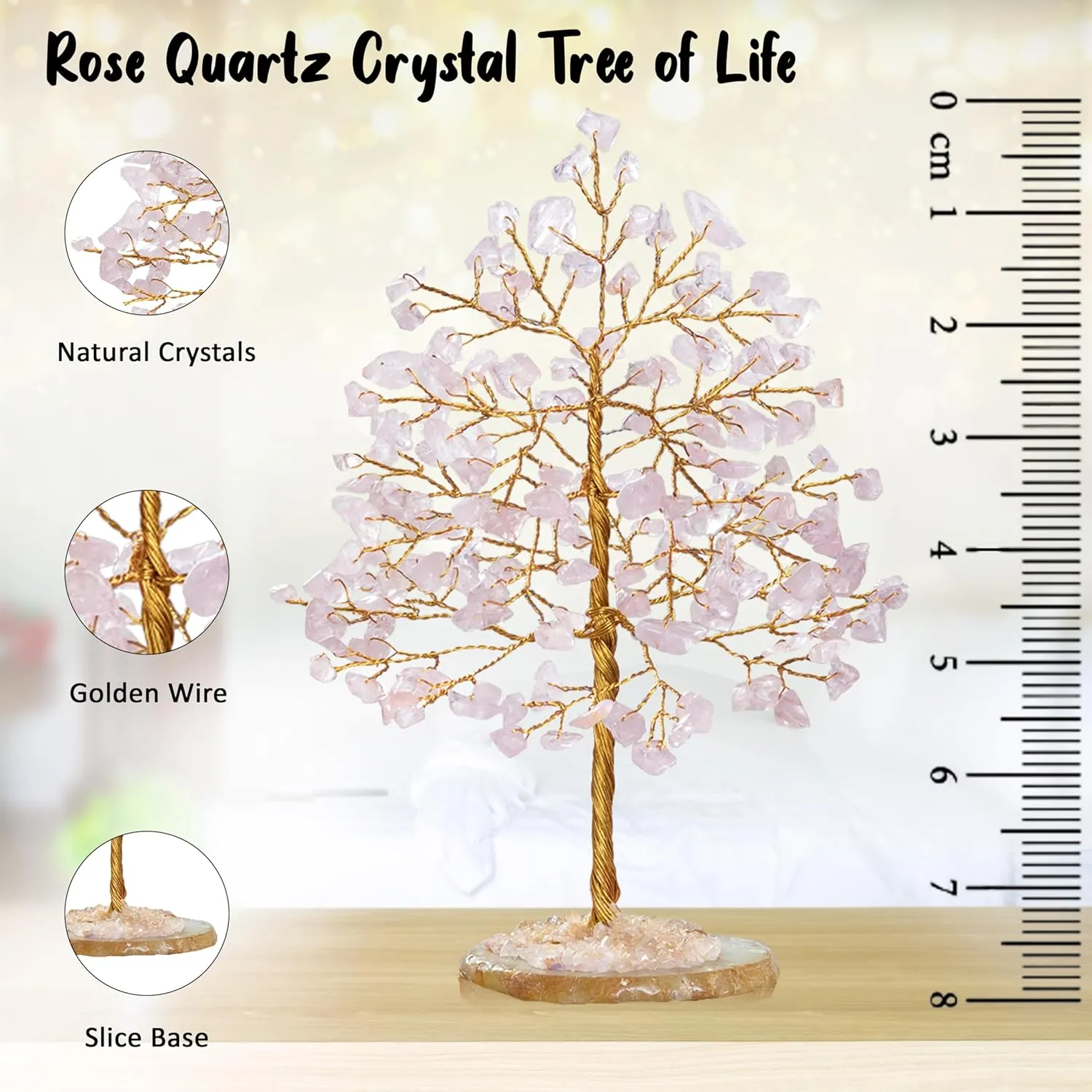 Rose Quartz Gemstone Tree of Life - Geode Agate Slice Base, Crystal for Positive Energy, Handmade Chakra, Feng Shui Decor - Good Luck Money Bonsai, Healing Stones Gem, Spiritual Gift