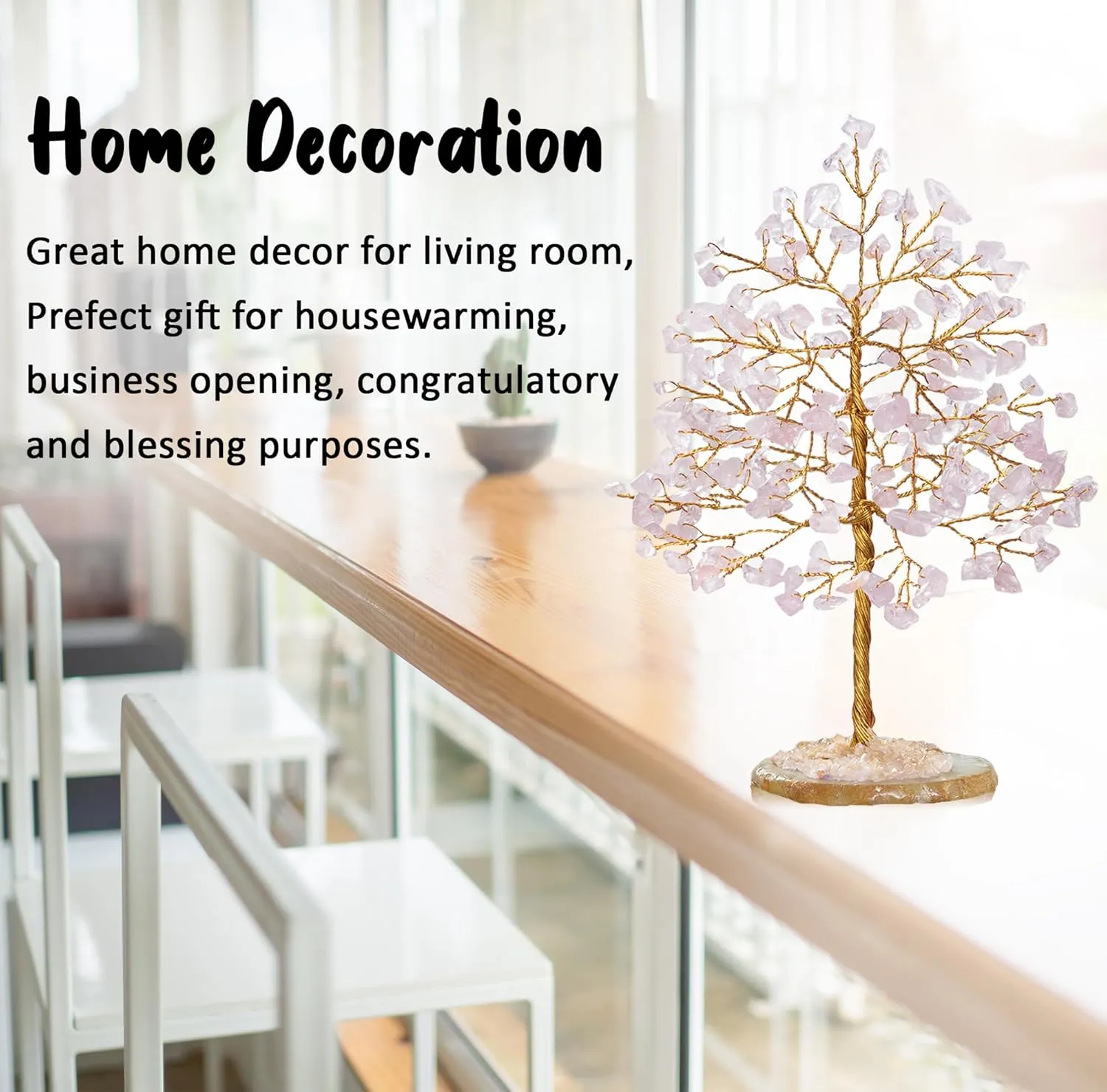 Rose Quartz Gemstone Tree of Life - Geode Agate Slice Base, Crystal for Positive Energy, Handmade Chakra, Feng Shui Decor - Good Luck Money Bonsai, Healing Stones Gem, Spiritual Gift