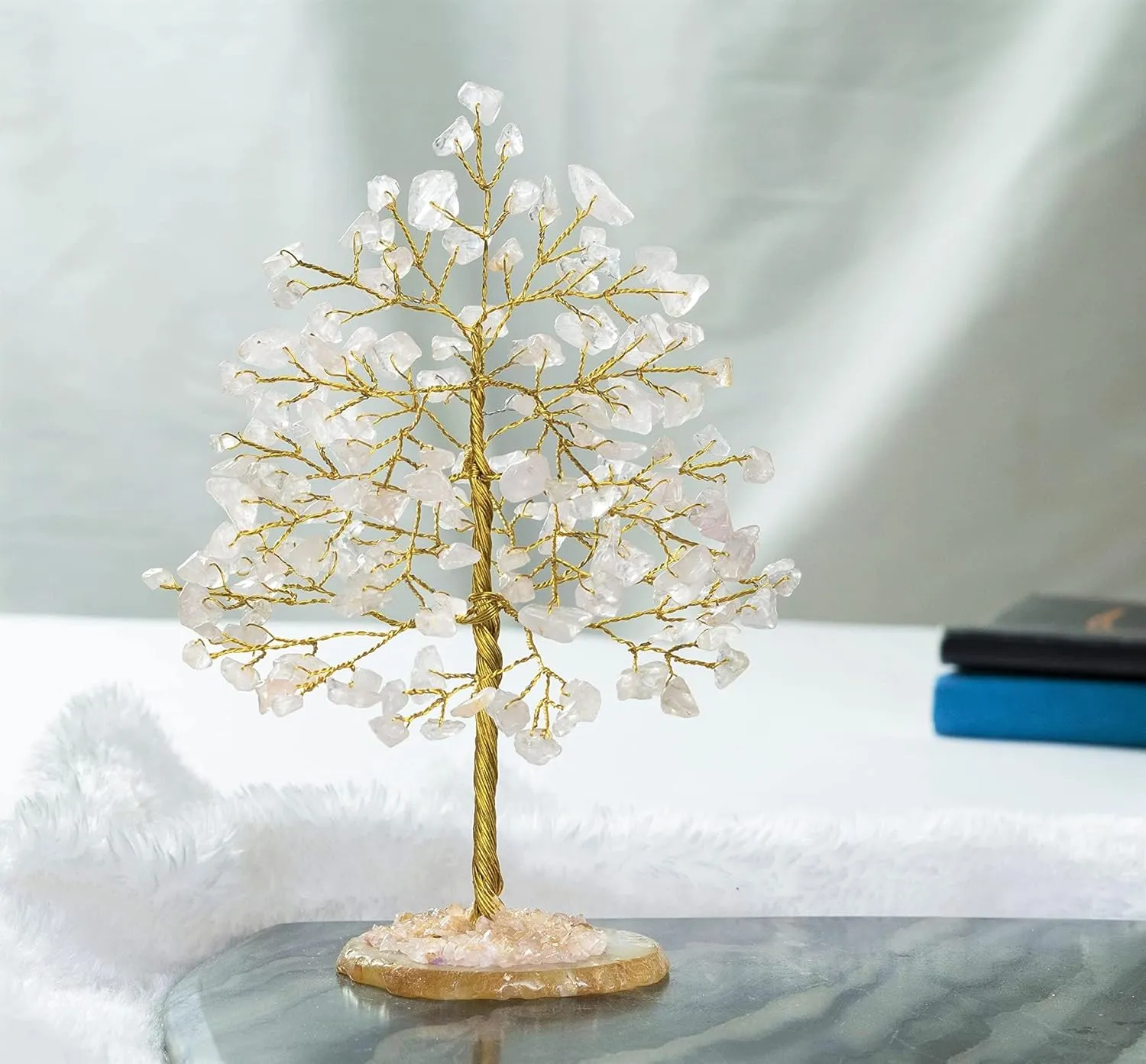Rose Quartz Gemstone Tree of Life - Geode Agate Slice Base, Crystal for Positive Energy, Handmade Chakra, Feng Shui Decor - Good Luck Money Bonsai, Healing Stones Gem, Spiritual Gift