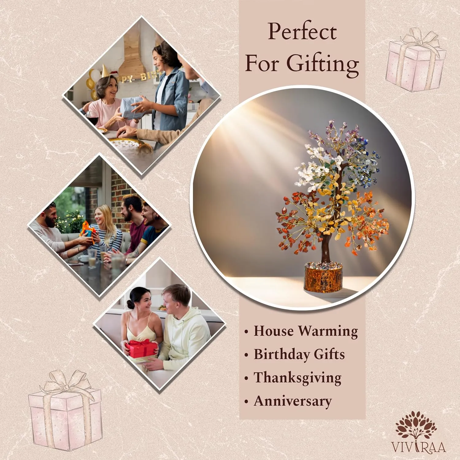 Rose Quartz Tree of Life - Healing Crystals and Gemstone Tree | Handmade Heart Stone Chakra Tree for Peace, Harmony & Love | Unique Spiritual Gift for Women, Birthday | Gift (Rose)