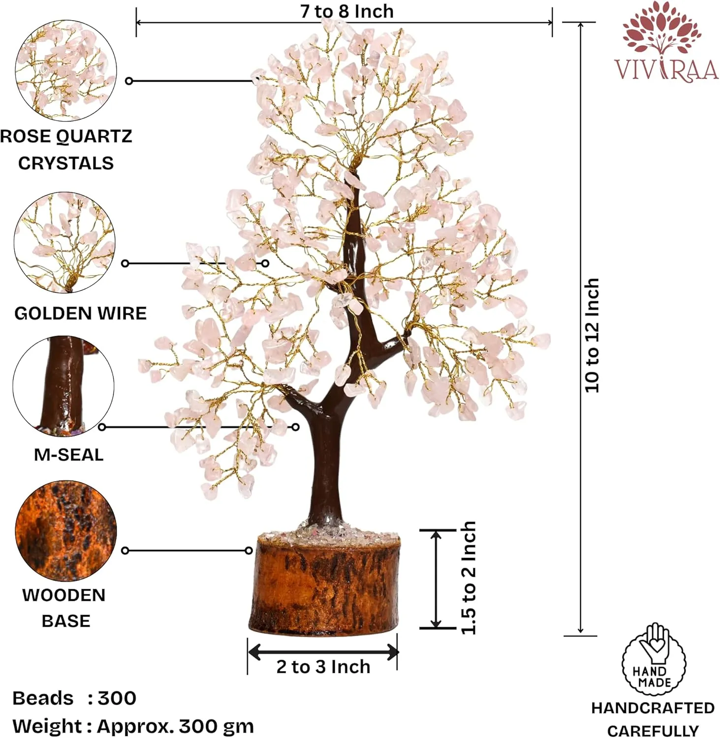 Rose Quartz Tree of Life - Healing Crystals and Gemstone Tree | Handmade Heart Stone Chakra Tree for Peace, Harmony & Love | Unique Spiritual Gift for Women, Birthday | Gift (Rose)