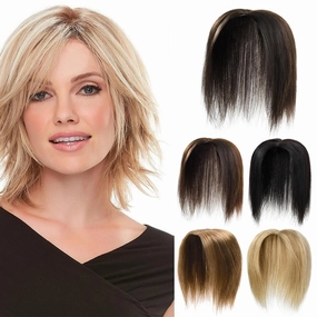 Rose bud Clip in Human Hair Topper Lace Base 12 Inch Dark Brown Hair Pieces with Bangs for Women ThickHair