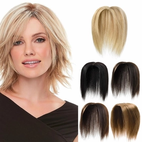 Rose bud Clip in Human Hair Topper Lace Base 12 Inch Highlight Blonde Hair Pieces with Bangs for Women Thick Hair