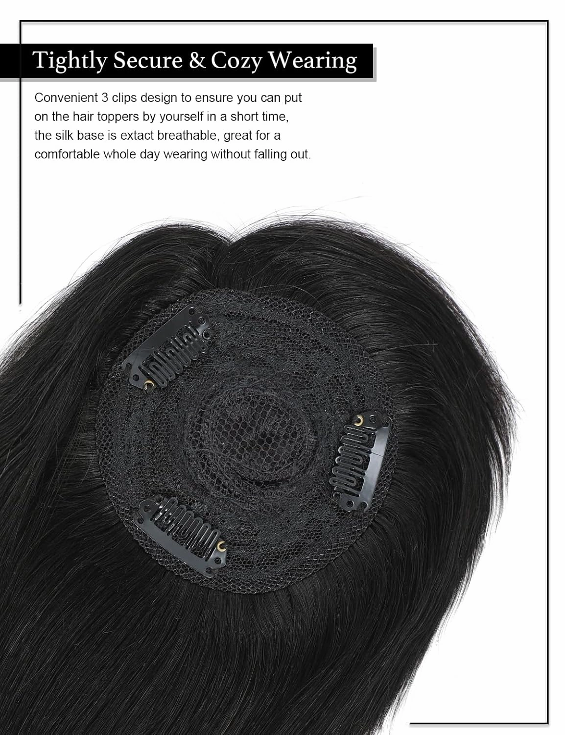 Rose bud Clip in Human Hair Topper Lace Base 12 Inch Natural Black Hair Pieces with Bangs for Women Thick Hair