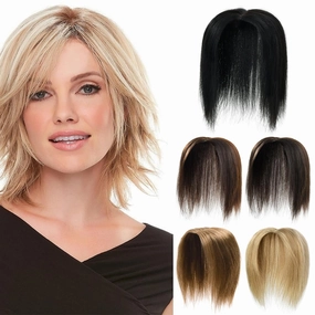 Rose bud Clip in Human Hair Topper Lace Base 12 Inch Natural Black Hair Pieces with Bangs for Women Thick Hair