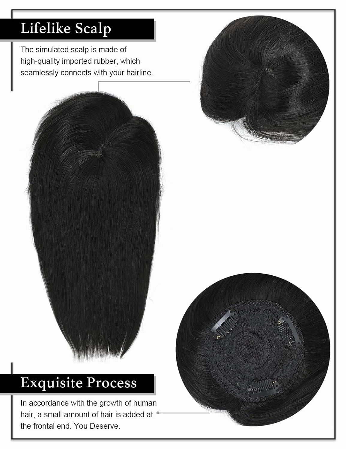 Rose bud Clip in Human Hair Topper Lace Base 12 Inch Natural Black Hair Pieces with Bangs for Women Thick Hair
