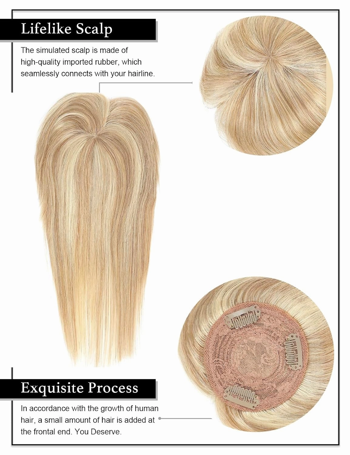 Rose bud Hair Toppers for Women Real HumanHair 10 Inch Golden Brown & Bleach Blonde Mixed 3D Cover Clip in Hair Pieces with Thinning Hair