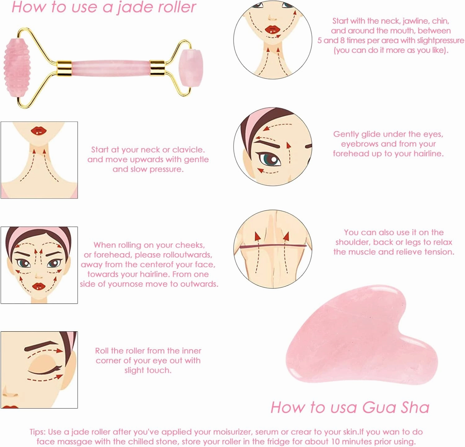Rose Quartz Eye Sleep Mask Facial Massager Jade Roller Gua Sha Scraper,3pcs-Ci No Box