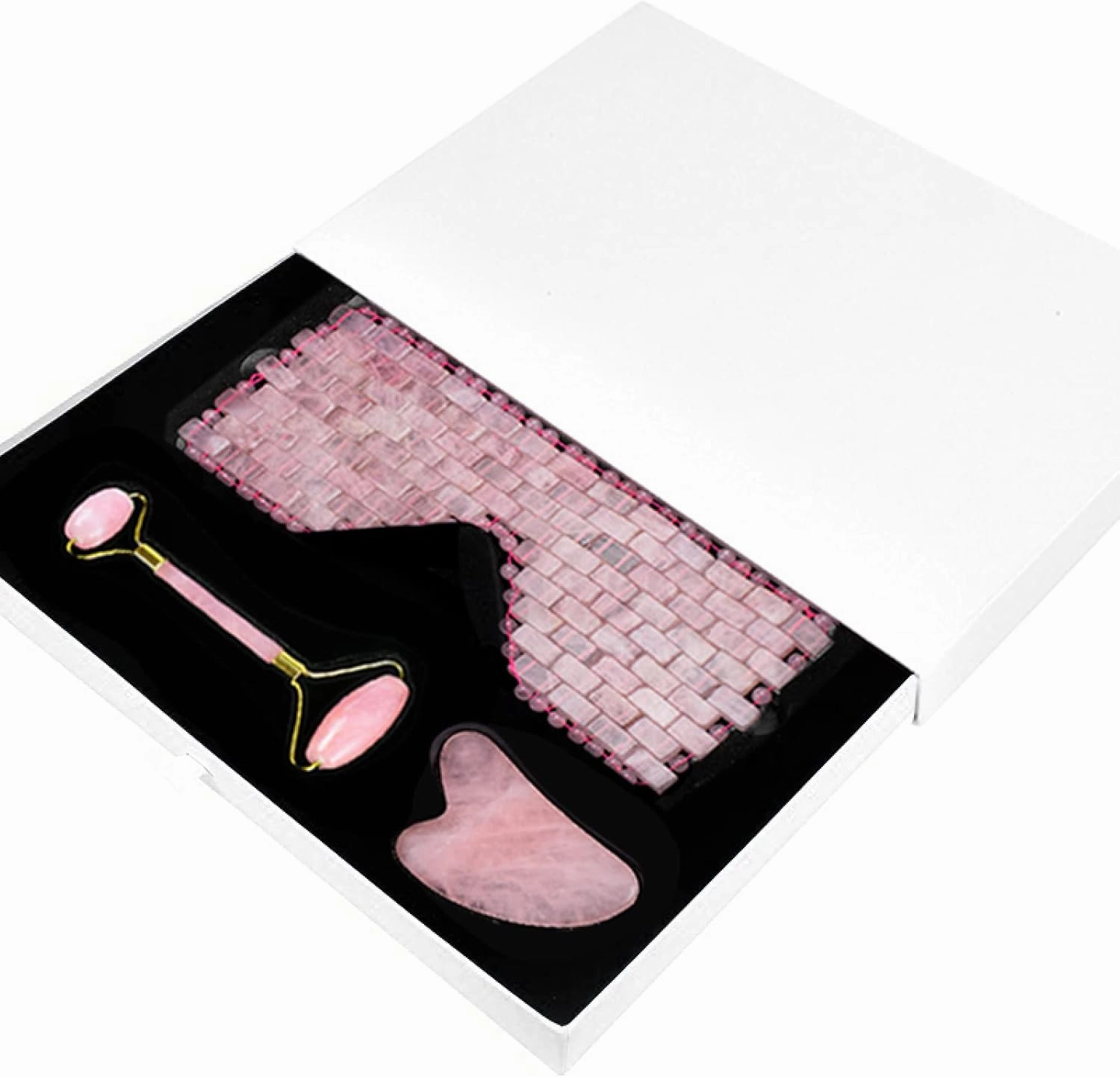 Rose Quartz Eye Sleep Mask Facial Massager Jade Roller Gua Sha Scraper,3pcs-Ci No Box