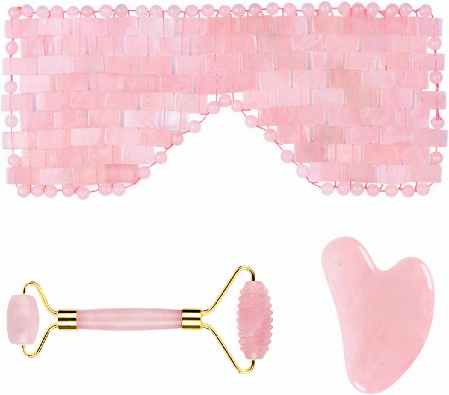 Rose Quartz Eye Sleep Mask Facial Massager Jade Roller Gua Sha Scraper,3pcs-Ci No Box