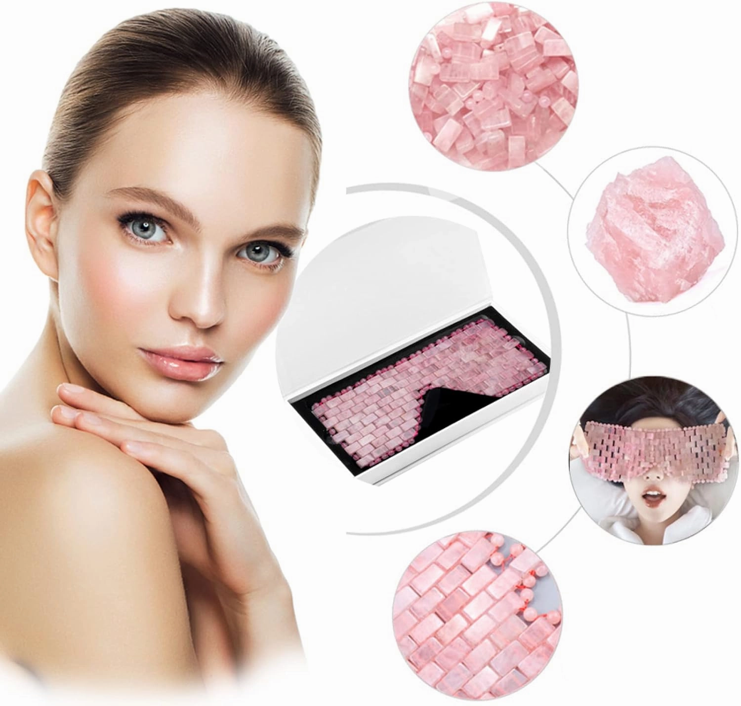 Rose Quartz Eye Sleep Mask Facial Massager Jade Roller Gua Sha Scraper,3pcs-Ci No Box
