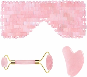 Rose Quartz Eye Sleep Mask Facial Massager Jade Roller Gua Sha Scraper,3pcs-Ci No Box