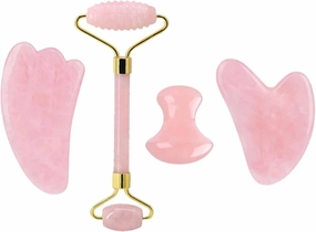 Rose Quartz Face Roller And Gua Sha Set Natural Jade Gouache Scraper Gua Sha Massage Quartz Roller Facial Lifting Massage Tool,type 4